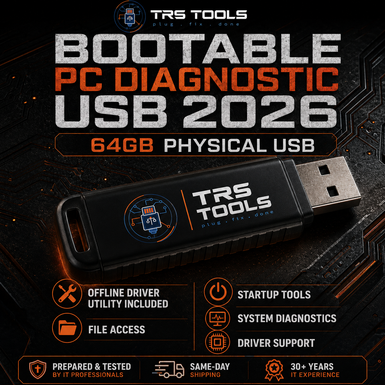 TRS Tools 64GB bootable PC diagnostic USB 2026 with offline driver utility