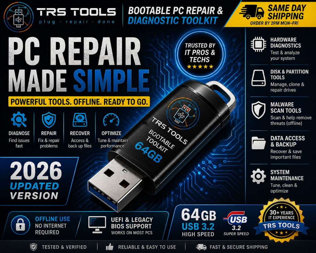TRS Tools Bootable PC Repair and Diagnostic Toolkit 64GB USB product overview
