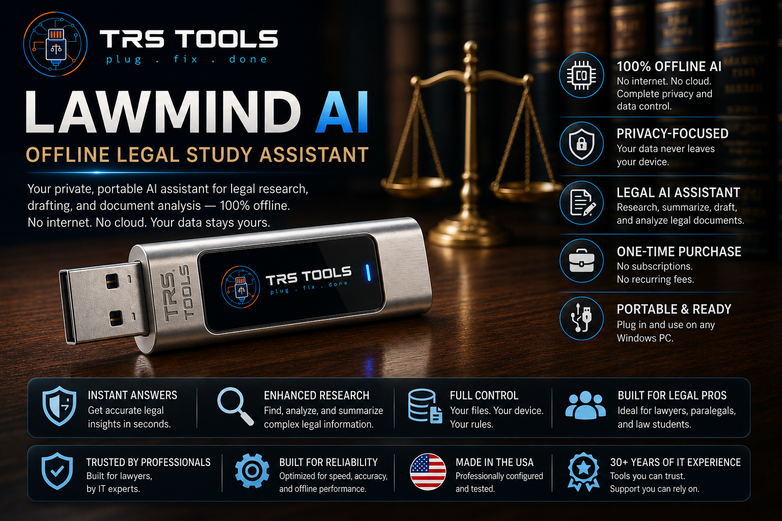 TRS Tools LawMind AI USB offline legal study assistant with privacy-focused local drafting and eight portable law modules