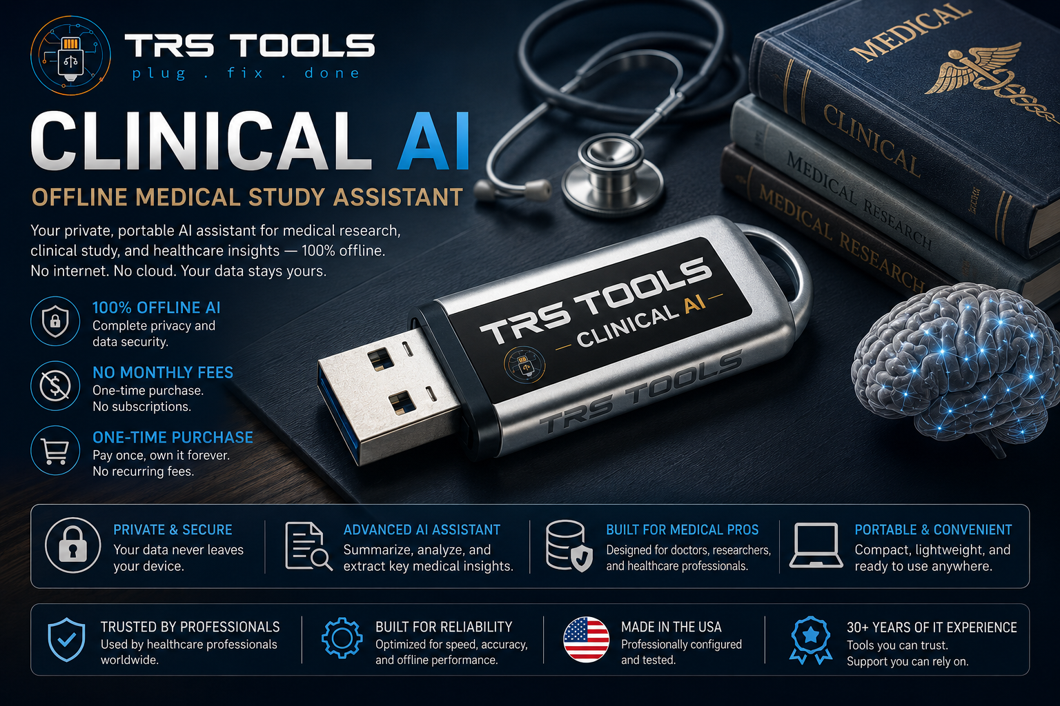 TRS Tools Clinical AI offline medical study assistant USB with local private use and no monthly fees