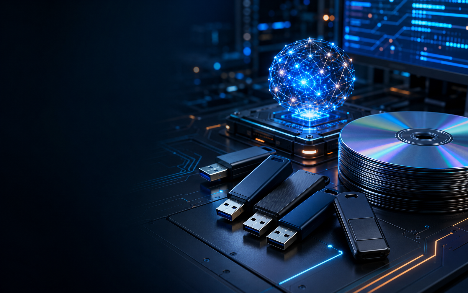 High-tech bootable USB drives and DVDs beside a glowing abstract AI network